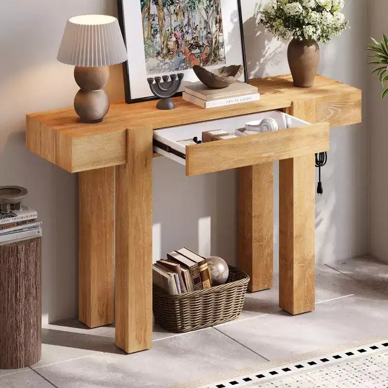 Tavolo Consolle Okak in Legno Rustico con Venature, Cassetto Portaoggetti, Tavolo da Divano Stile Fattoria, Tavolo da Bar per Soggiorno, Corridoio