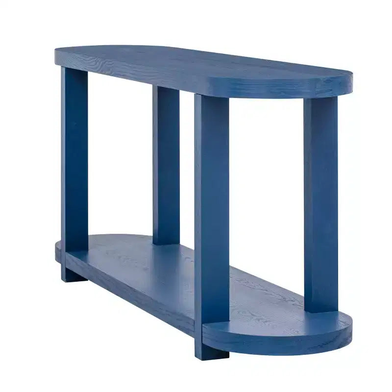 Tavolo Consolle Ovale Moderno a 2 Livelli Okak con Piano Aerodinamico, Tavolino da Ingresso Minimalista in Legno per Studio, Corridoio, Soggiorno