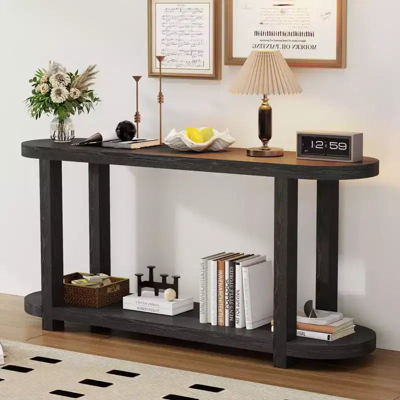 Tavolo Consolle Ovale Moderno a 2 Livelli Okak con Piano Aerodinamico, Tavolino da Ingresso Minimalista in Legno per Studio, Corridoio, Soggiorno