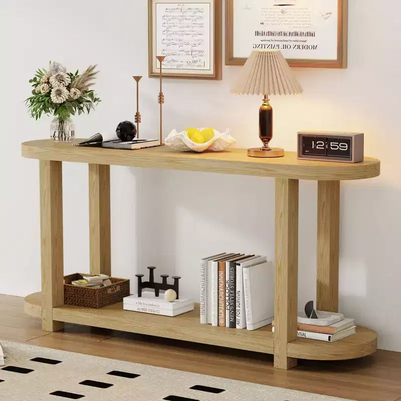 Tavolo Consolle Ovale Moderno a 2 Livelli Okak con Piano Aerodinamico, Tavolino da Ingresso Minimalista in Legno per Studio, Corridoio, Soggiorno