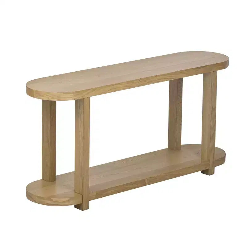 Tavolo Consolle Ovale Moderno a 2 Livelli Okak con Piano Aerodinamico, Tavolino da Ingresso Minimalista in Legno per Studio, Corridoio, Soggiorno