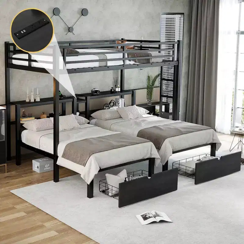 Full XL Over Twin and Twin Triple Bunk Bed with Drawers Multi-functional Metal Frame Bed Bed Head with Shelving and USB Black