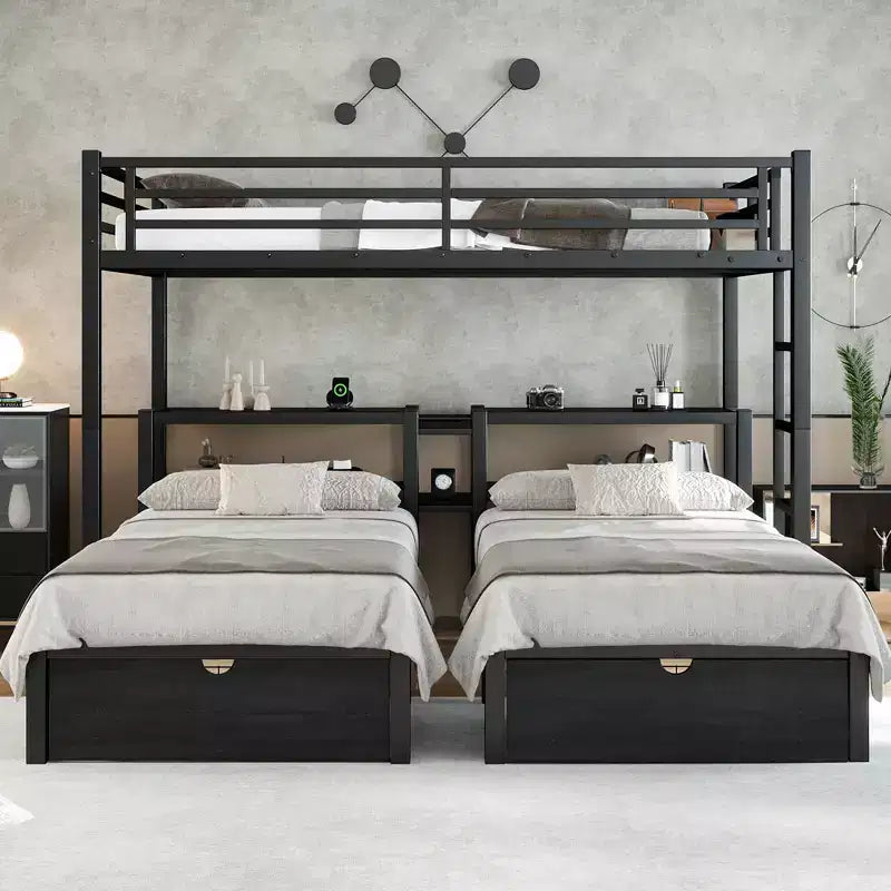 Letto a castello triplo Full XL sopra Twin e Twin con cassetti, struttura in metallo multifunzionale, testiera con ripiani e USB, nero