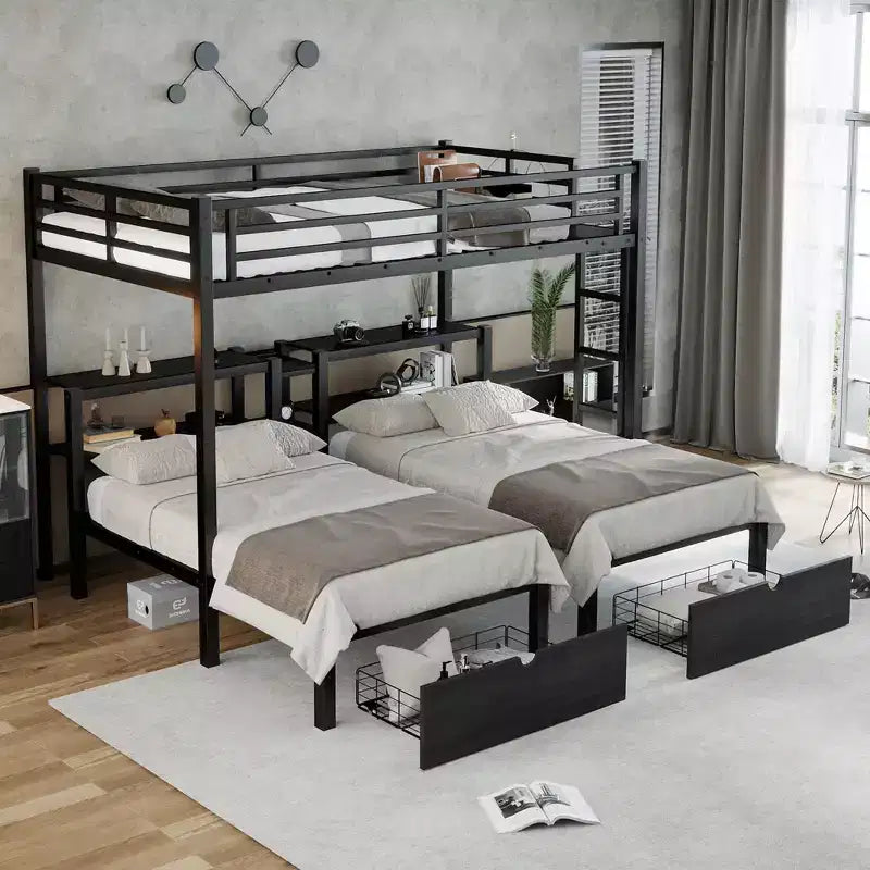 Letto a castello triplo Full XL sopra Twin e Twin con cassetti, struttura in metallo multifunzionale, testiera con ripiani e USB, nero