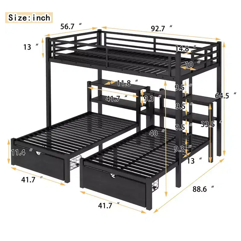 Letto a castello triplo Full XL sopra Twin e Twin con cassetti, struttura in metallo multifunzionale, testiera con ripiani e USB, nero