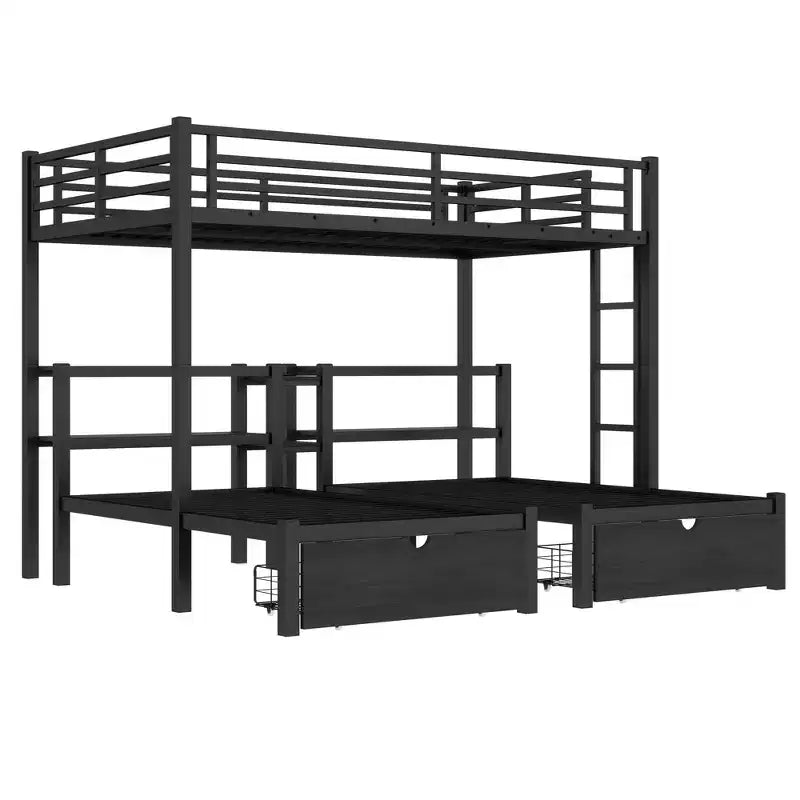 Letto a castello triplo Full XL sopra Twin e Twin con cassetti, struttura in metallo multifunzionale, testiera con ripiani e USB, nero