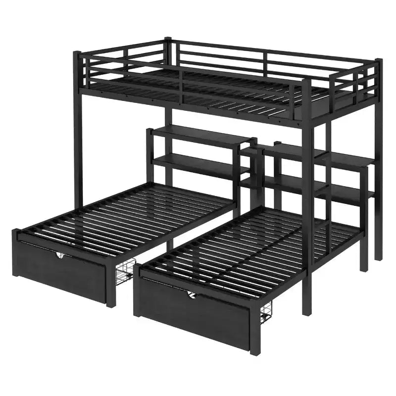 Letto a castello triplo Full XL sopra Twin e Twin con cassetti, struttura in metallo multifunzionale, testiera con ripiani e USB, nero