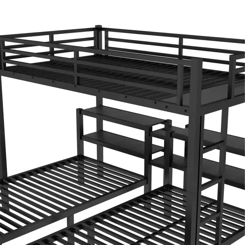 Letto a castello triplo Full XL sopra Twin e Twin con cassetti, struttura in metallo multifunzionale, testiera con ripiani e USB, nero