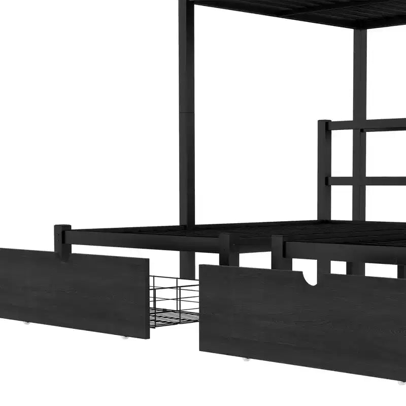 Letto a castello triplo Full XL sopra Twin e Twin con cassetti, struttura in metallo multifunzionale, testiera con ripiani e USB, nero