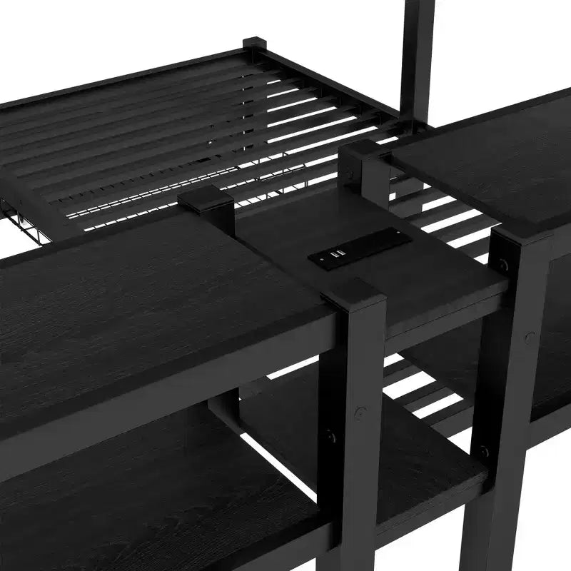 Letto a castello triplo Full XL sopra Twin e Twin con cassetti, struttura in metallo multifunzionale, testiera con ripiani e USB, nero