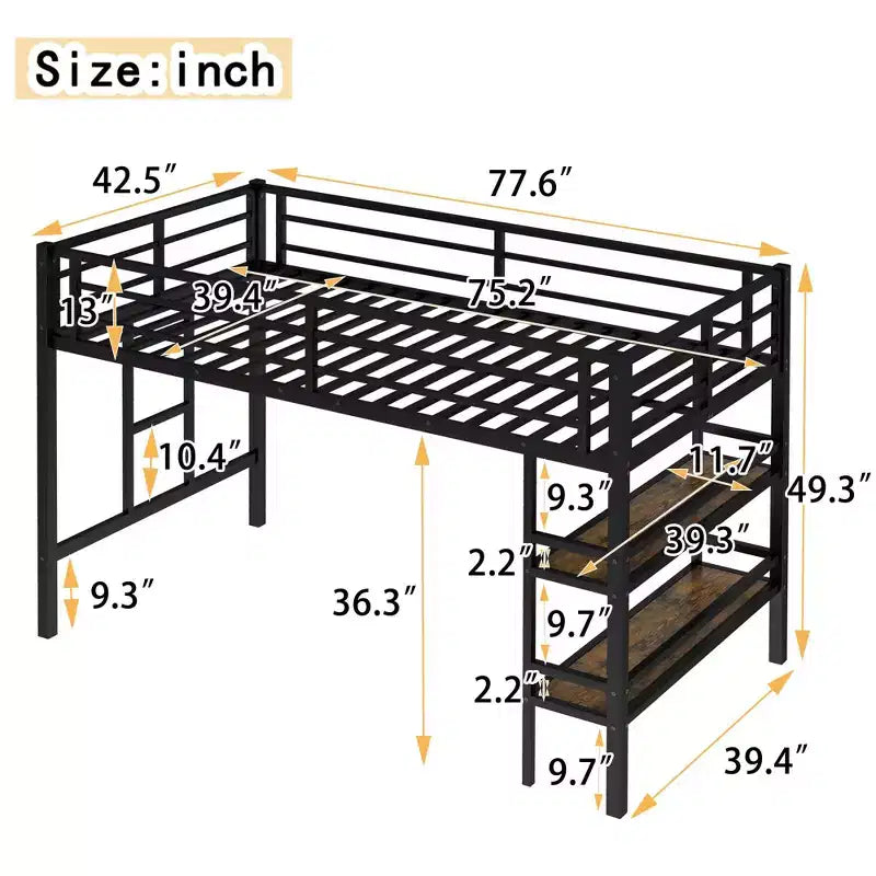 Letto a soppalco matrimoniale in metallo nero con ripiano contenitore, letto a soppalco con scaletta facile da salire e spondine per bambini