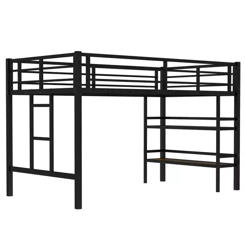 Letto a soppalco matrimoniale in metallo nero con ripiano contenitore, letto a soppalco con scaletta facile da salire e spondine per bambini