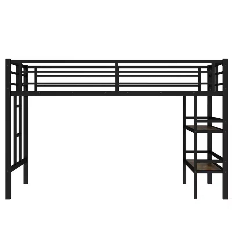 Letto a soppalco matrimoniale in metallo nero con ripiano contenitore, letto a soppalco con scaletta facile da salire e spondine per bambini