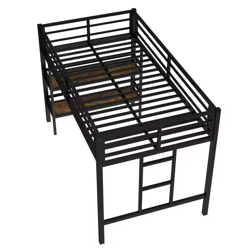 Letto a soppalco matrimoniale in metallo nero con ripiano contenitore, letto a soppalco con scaletta facile da salire e spondine per bambini