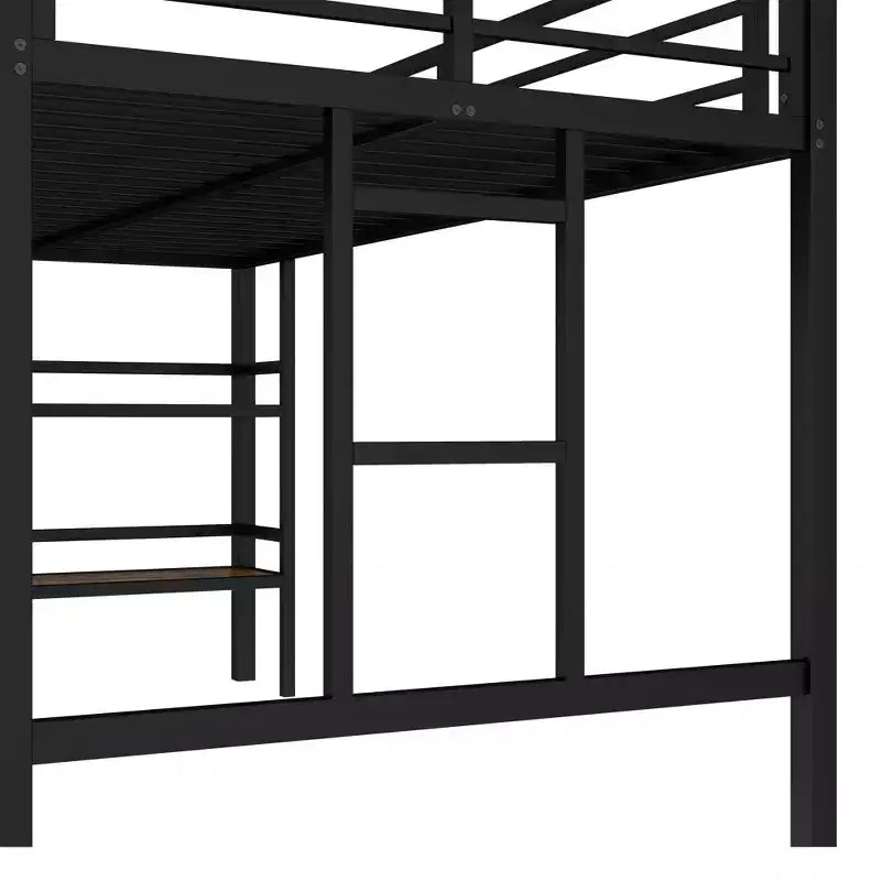 Letto a soppalco matrimoniale in metallo nero con ripiano contenitore, letto a soppalco con scaletta facile da salire e spondine per bambini