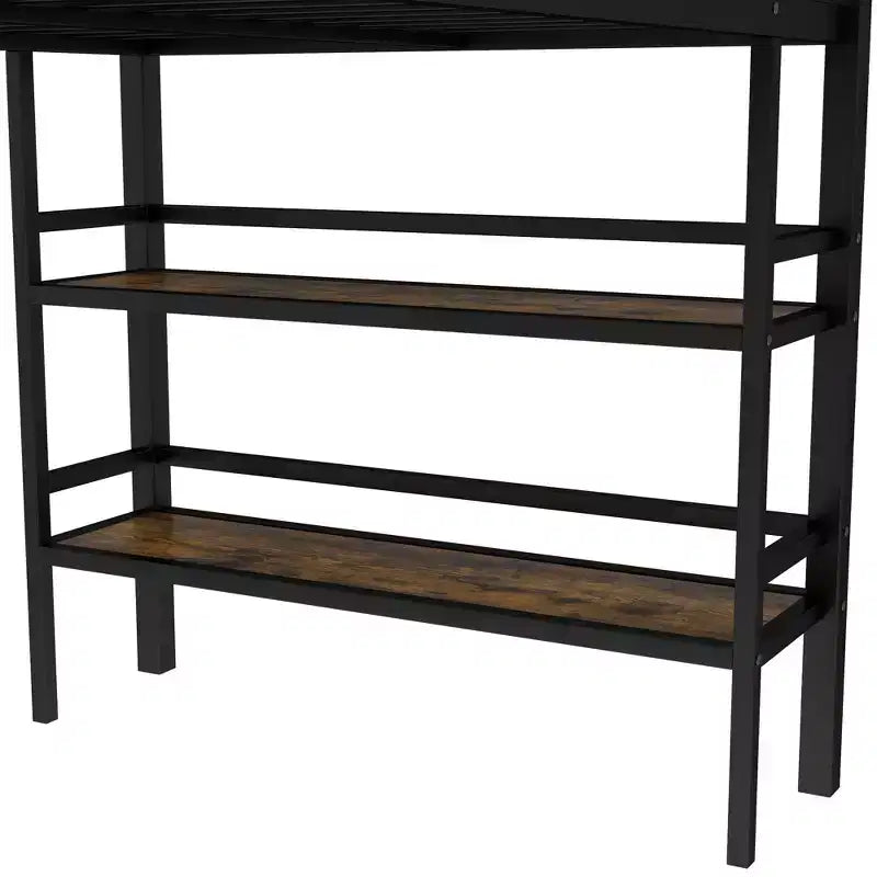 Letto a soppalco matrimoniale in metallo nero con ripiano contenitore, letto a soppalco con scaletta facile da salire e spondine per bambini