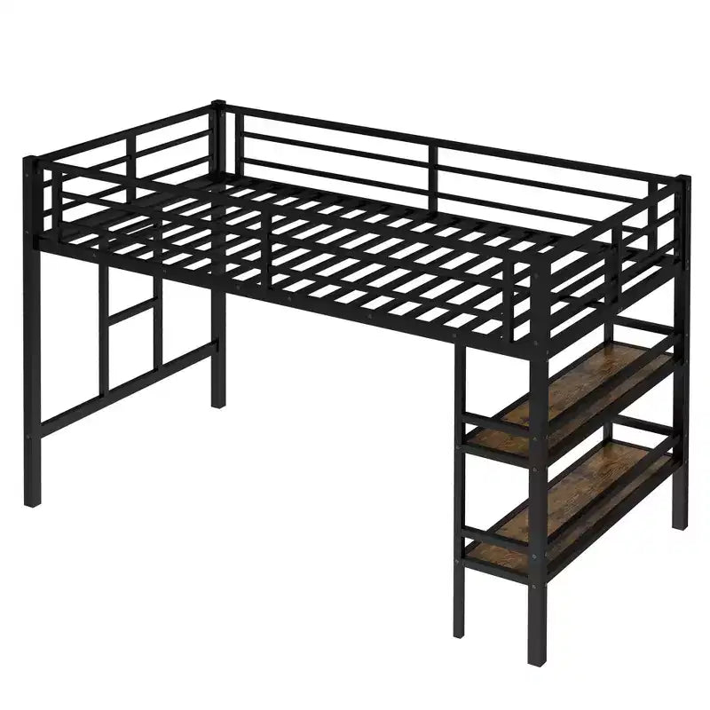 Letto a soppalco matrimoniale in metallo nero con ripiano contenitore, letto a soppalco con scaletta facile da salire e spondine per bambini