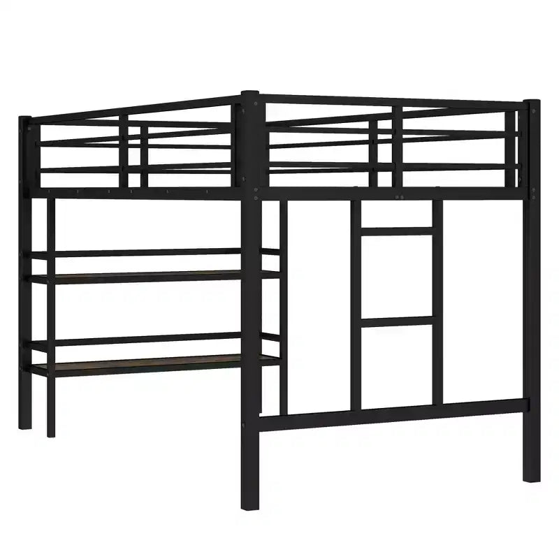 Letto a soppalco matrimoniale in metallo nero con ripiano contenitore, letto a soppalco con scaletta facile da salire e spondine per bambini