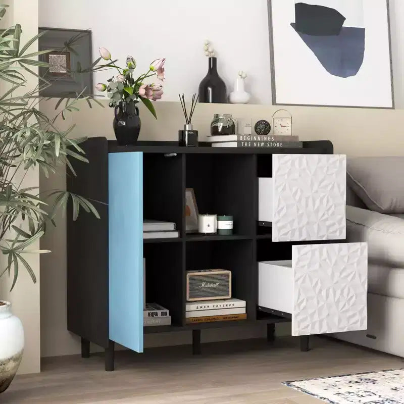 Mobile credenza buffet TUYOHW, mobile contenitore nero con ante, 2 cassetti, 2 ripiani aperti, mobile d'accento per cucina, sala da pranzo, soggiorno