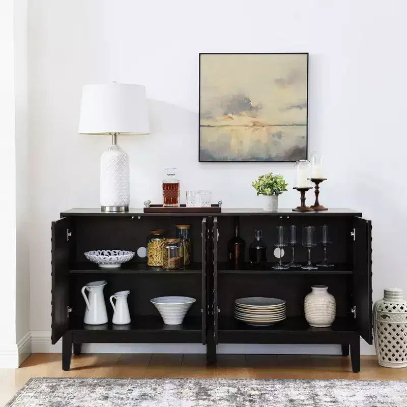 TUYOHW Mobile Buffet, Credenza con Motivo Geometrico, Ripiani Regolabili, Fori per Cavi, Mobile TV per Soggiorno, Cucina, Sala da Pranzo, Nero