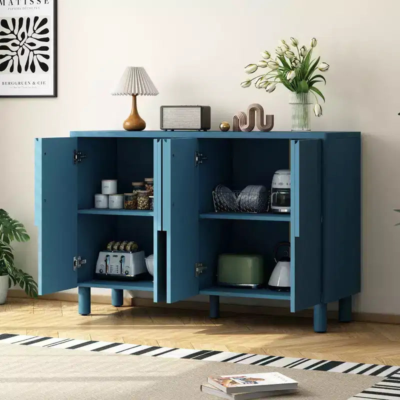 TUYOHW Mobile credenza a 4 ante, Tavolo da buffet in legno con maniglie ad arco, Ripiani regolabili, Gestione cavi, Mobile consolle per sala da pranzo, Cucina, Blu navy