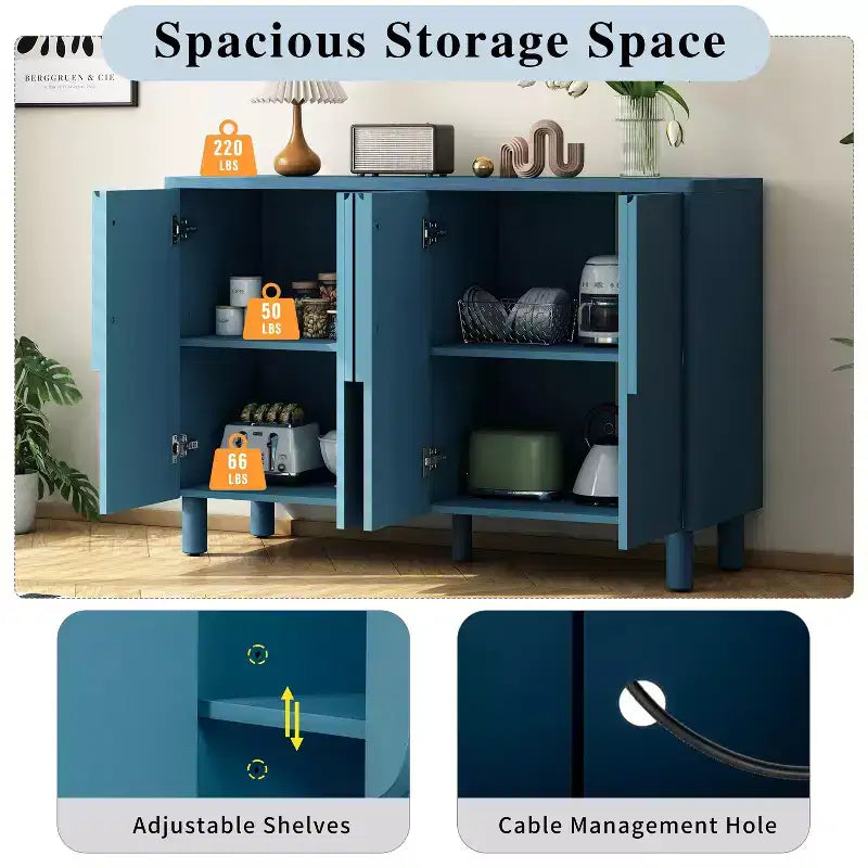 TUYOHW Mobile credenza a 4 ante, Tavolo da buffet in legno con maniglie ad arco, Ripiani regolabili, Gestione cavi, Mobile consolle per sala da pranzo, Cucina, Blu navy