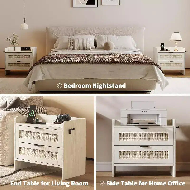Comodino in rattan, 2 cassetti, 2 comodini, organizer e armadietto contenitore per camera da letto, soggiorno, ufficio in casa
