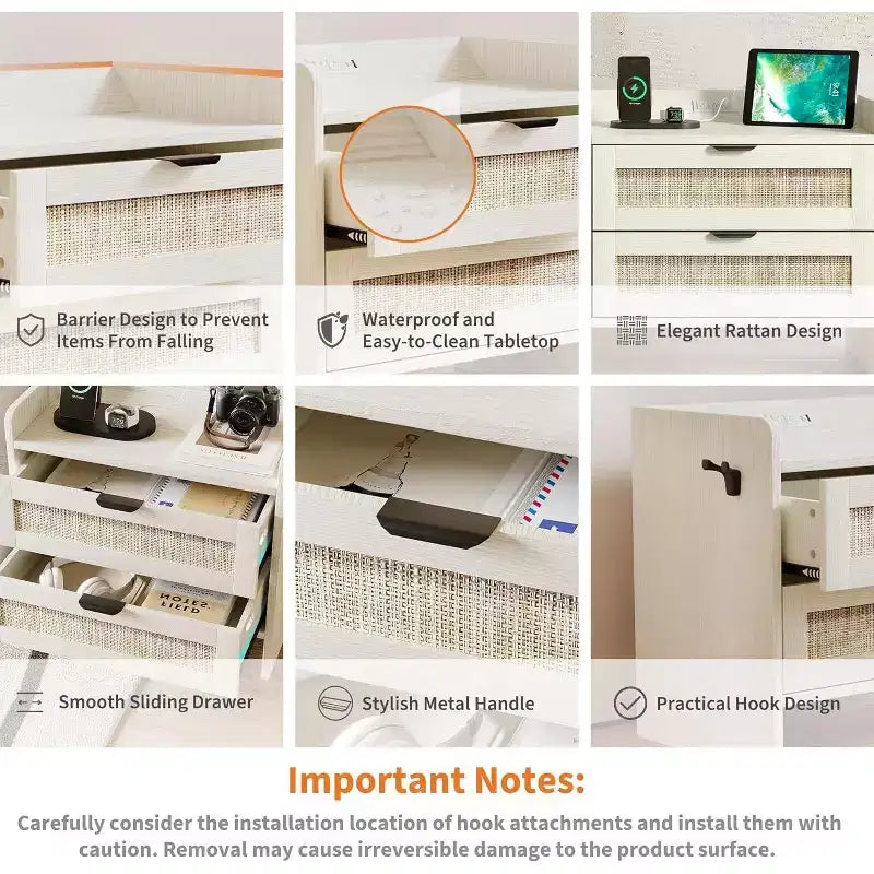 Comodino in rattan, 2 cassetti, 2 comodini, organizer e armadietto contenitore per camera da letto, soggiorno, ufficio in casa