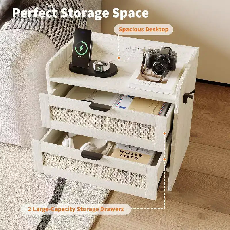 Comodino in rattan, 2 cassetti, 2 comodini, organizer e armadietto contenitore per camera da letto, soggiorno, ufficio in casa