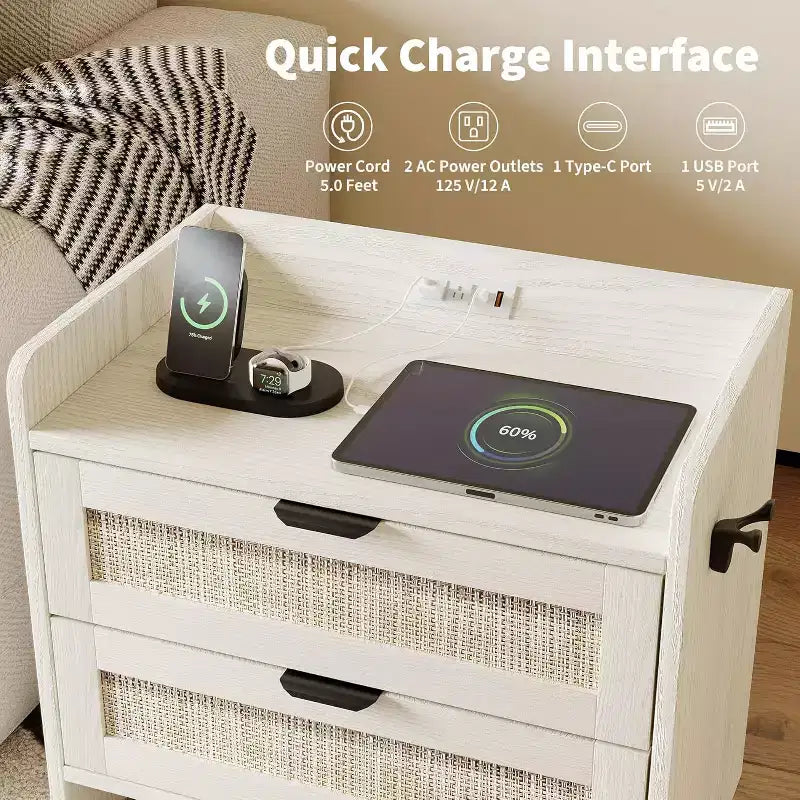 Comodino in rattan, 2 cassetti, 2 comodini, organizer e armadietto contenitore per camera da letto, soggiorno, ufficio in casa