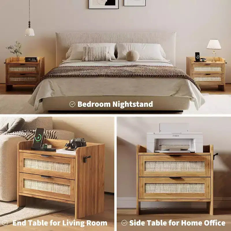 Comodino in rattan, 2 cassetti, 2 comodini, organizer e armadietto contenitore per camera da letto, soggiorno, ufficio in casa