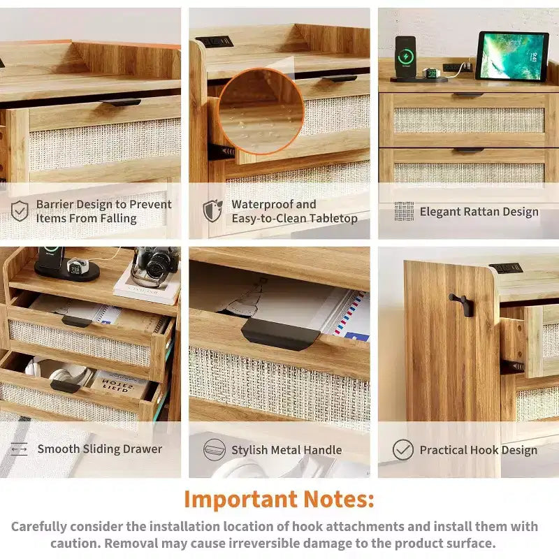 Comodino in rattan, 2 cassetti, 2 comodini, organizer e armadietto contenitore per camera da letto, soggiorno, ufficio in casa