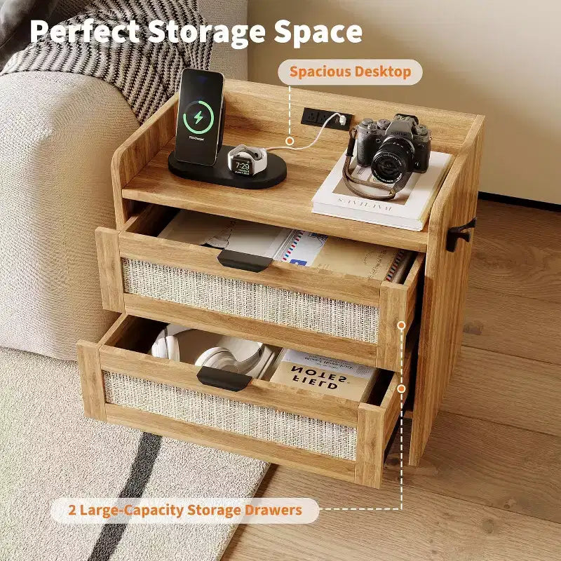 Comodino in rattan, 2 cassetti, 2 comodini, organizer e armadietto contenitore per camera da letto, soggiorno, ufficio in casa