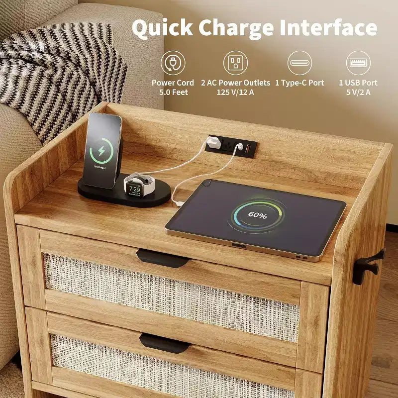Comodino in rattan, 2 cassetti, 2 comodini, organizer e armadietto contenitore per camera da letto, soggiorno, ufficio in casa