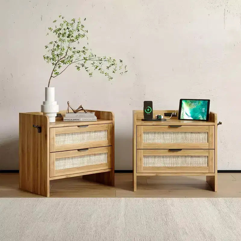 Comodino in rattan, 2 cassetti, 2 comodini, organizer e armadietto contenitore per camera da letto, soggiorno, ufficio in casa