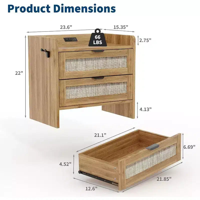 Rattan Bedside Table Nightstand, 2 Drawer, 2 Pcs Bedside Cabinet, Bedroom Organizer and Storage Cabinet for Bedroom Living Room Home Office