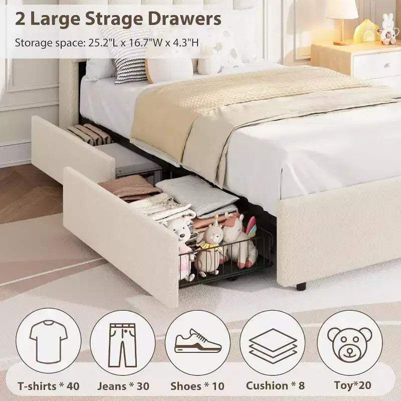 Struttura Letto con Testiera Contenitore, Letto per Bambini Imbottito in Bouclé, 2 Cassetti, Testiera Ondulata, Non Richiede Rete a Molle