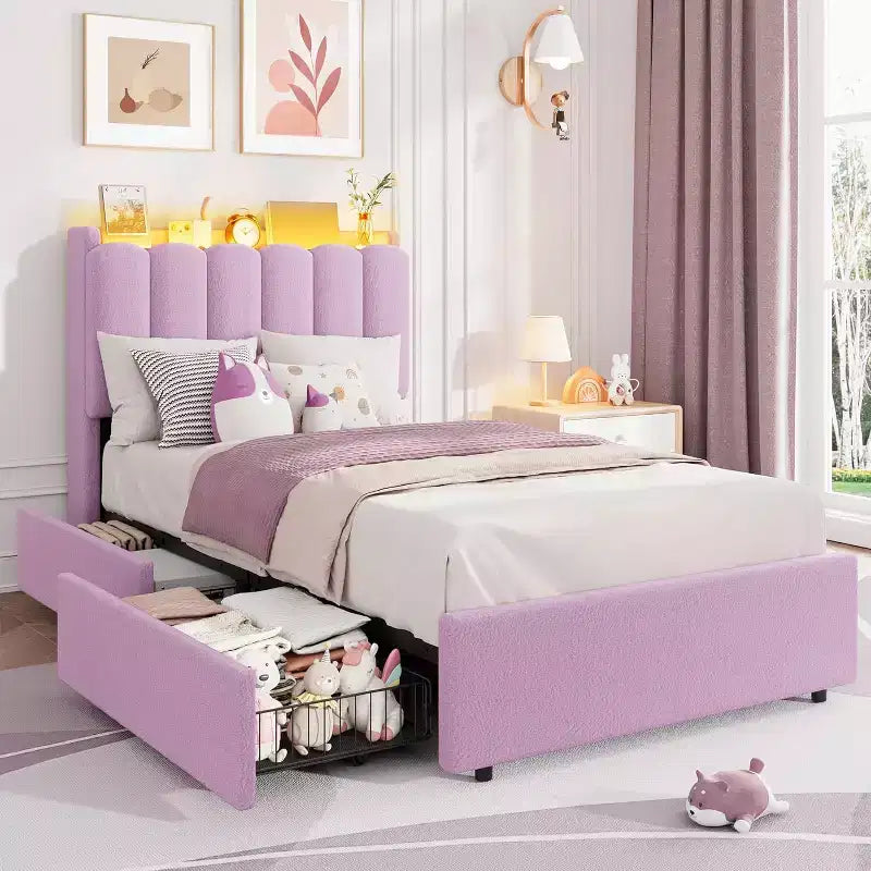 Struttura Letto con Testiera Contenitore, Letto per Bambini Imbottito in Bouclé, 2 Cassetti, Testiera Ondulata, Non Richiede Rete a Molle