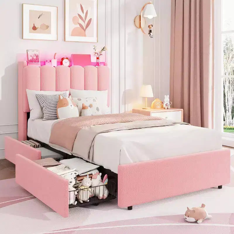Struttura Letto con Testiera Contenitore, Letto per Bambini Imbottito in Bouclé, 2 Cassetti, Testiera Ondulata, Non Richiede Rete a Molle