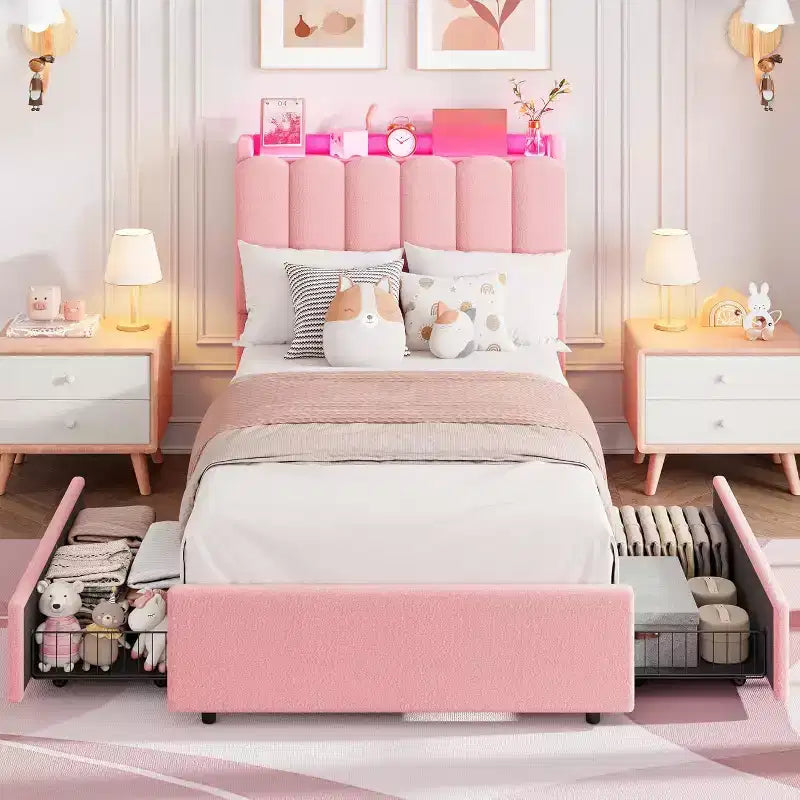 Struttura Letto con Testiera Contenitore, Letto per Bambini Imbottito in Bouclé, 2 Cassetti, Testiera Ondulata, Non Richiede Rete a Molle
