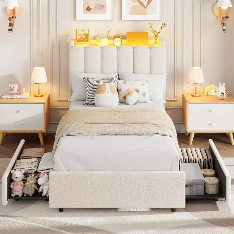 Struttura Letto con Testiera Contenitore, Letto per Bambini Imbottito in Bouclé, 2 Cassetti, Testiera Ondulata, Non Richiede Rete a Molle
