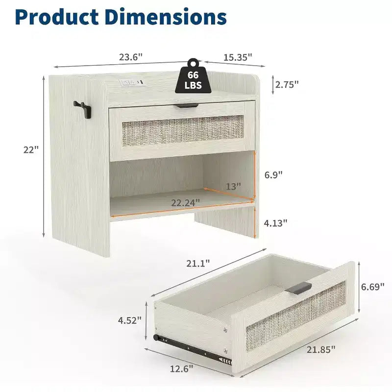 Comodino in Rattan, Comodino Largo 60 cm, Comodino con Stazione di Ricarica Tipo-C Adatto per Camera da Letto, Ufficio, Soggiorno