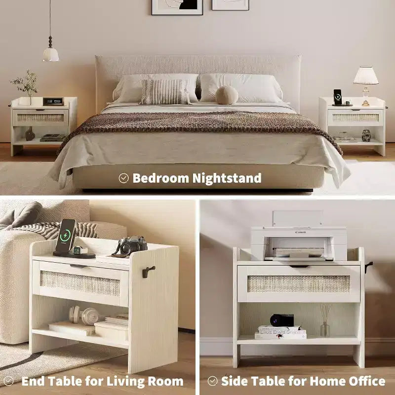 Comodino in Rattan, Comodino Largo 60 cm, Comodino con Stazione di Ricarica Tipo-C Adatto per Camera da Letto, Ufficio, Soggiorno