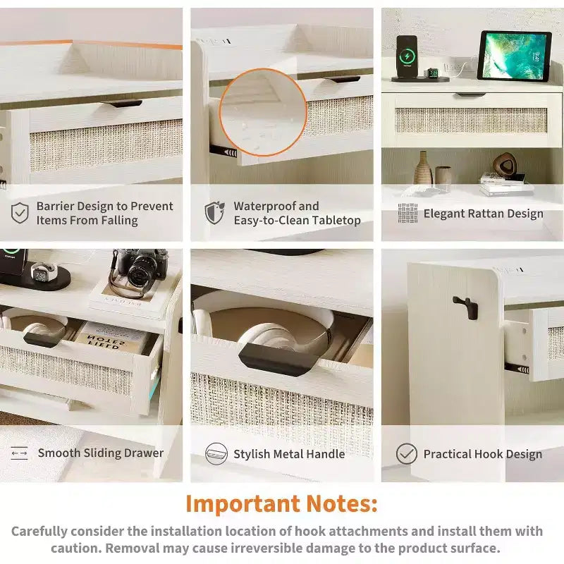 Comodino in Rattan, Comodino Largo 60 cm, Comodino con Stazione di Ricarica Tipo-C Adatto per Camera da Letto, Ufficio, Soggiorno