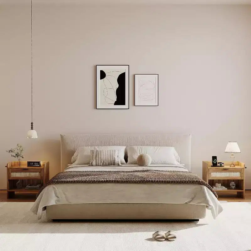 Comodino in Rattan, Comodino Largo 60 cm, Comodino con Stazione di Ricarica Tipo-C Adatto per Camera da Letto, Ufficio, Soggiorno