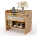 Rattan Nightstand, 23.6 Wide Bedside Table, Nightstand with Type-C Charging Station Suitable for Bedroom, Office, Living Room