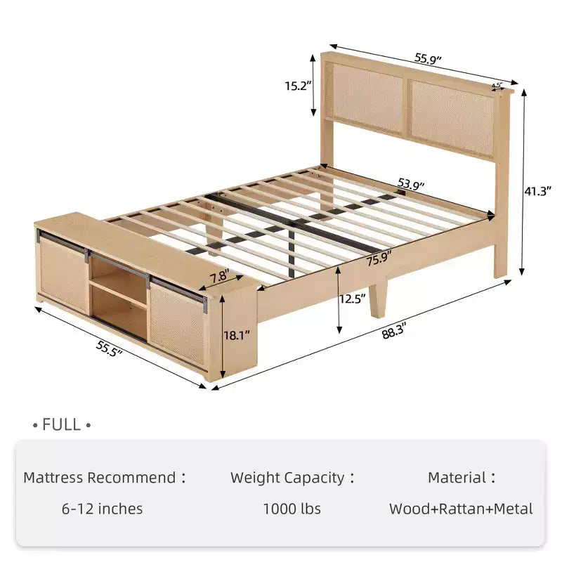 Struttura letto a piattaforma in rattan Acekool con panca contenitore, luci LED, controllo tramite app, testiera in vimini, supporto senza rumore, nessun bisogno di rete a molle