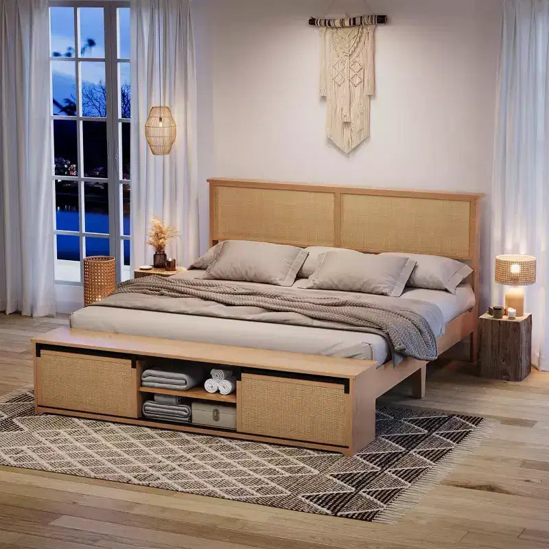 Struttura letto a piattaforma in rattan Acekool con panca contenitore, luci LED, controllo tramite app, testiera in vimini, supporto senza rumore, nessun bisogno di rete a molle