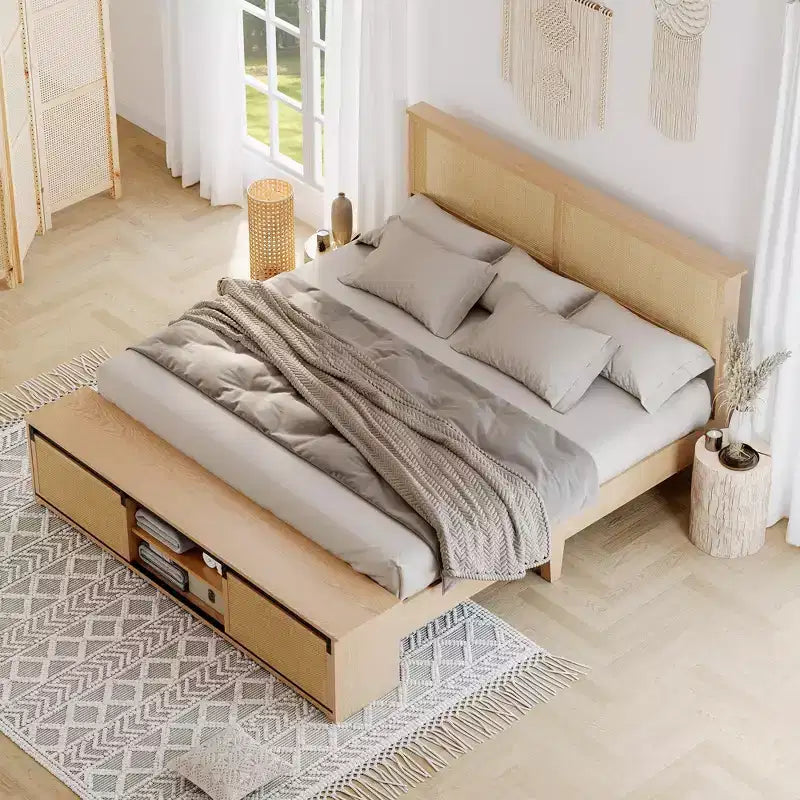 Struttura letto a piattaforma in rattan Acekool con panca contenitore, luci LED, controllo tramite app, testiera in vimini, supporto senza rumore, nessun bisogno di rete a molle