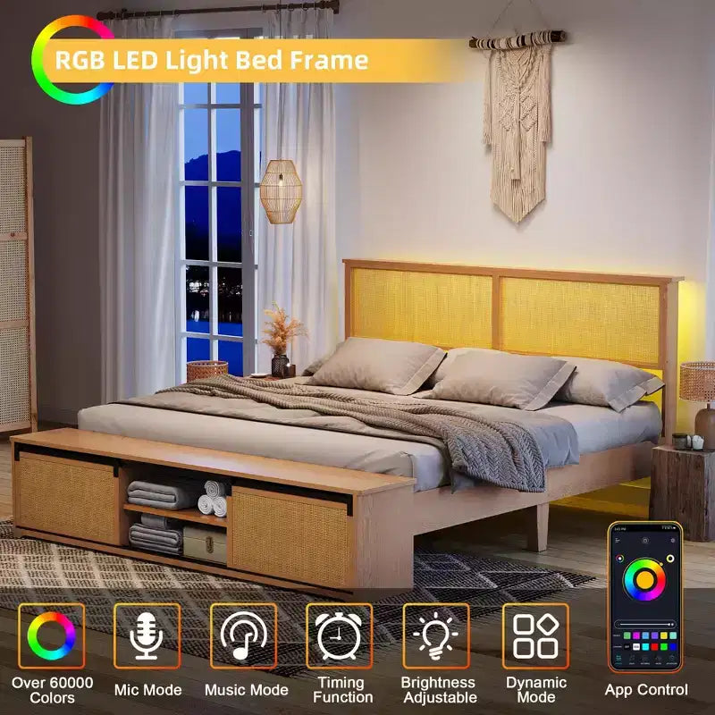 Struttura letto a piattaforma in rattan Acekool con panca contenitore, luci LED, controllo tramite app, testiera in vimini, supporto senza rumore, nessun bisogno di rete a molle